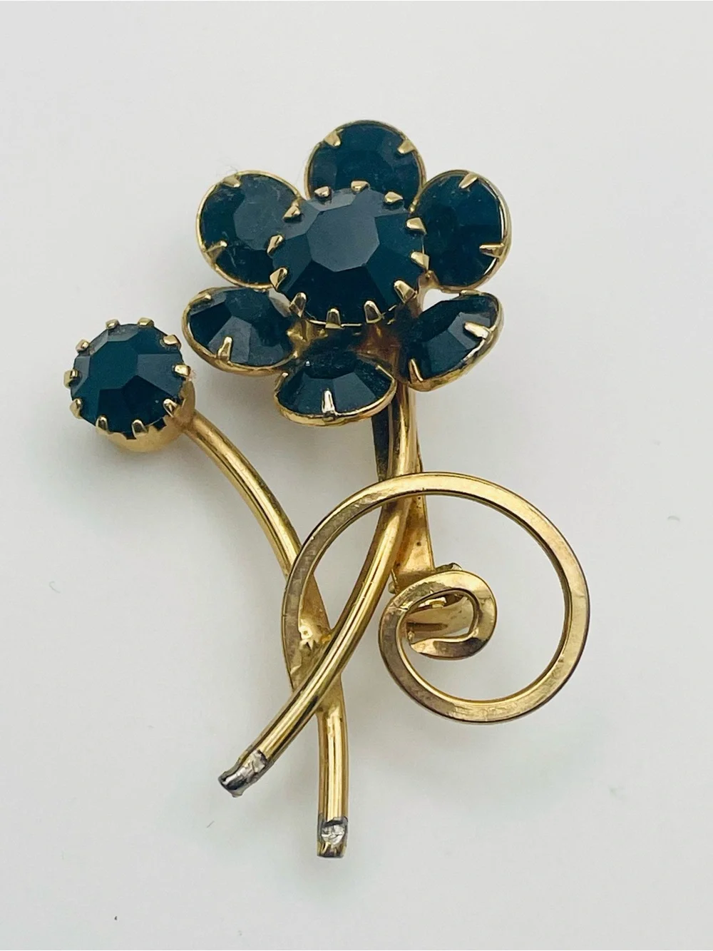 Vintage 1960s Gold-Tone Floral Brooch with Black Rhinestone Cabochons